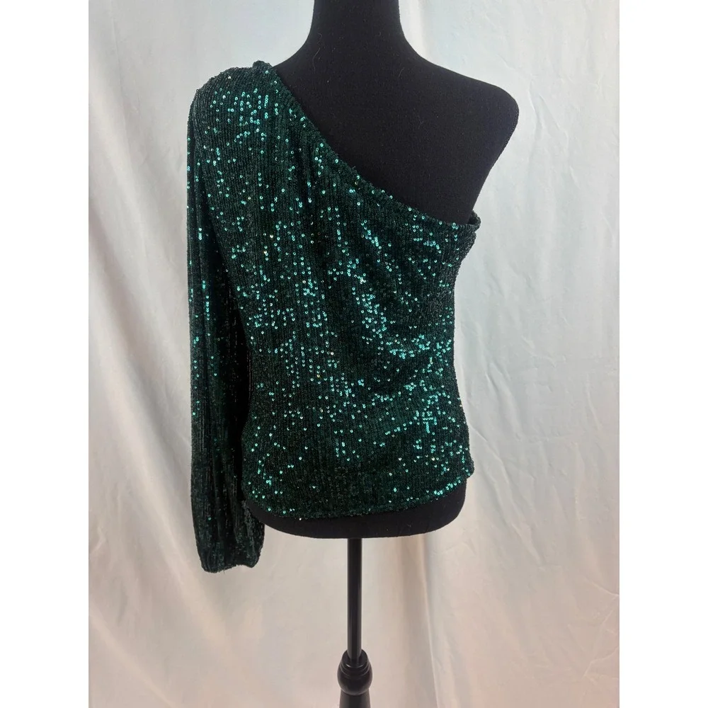 Emerald Green Sequin One Shoulder Long Sleeve Party Top Glam Night Out Blouse - Picture 4 of 7